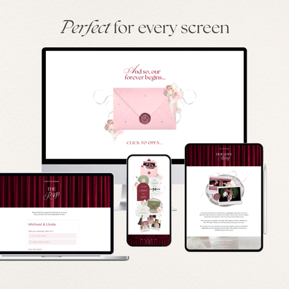 Burgundy, Green & Pink Floral Wedding Website Template with RSVP, Music and Countdown Timer: Editable Canva Design (Digital Download)