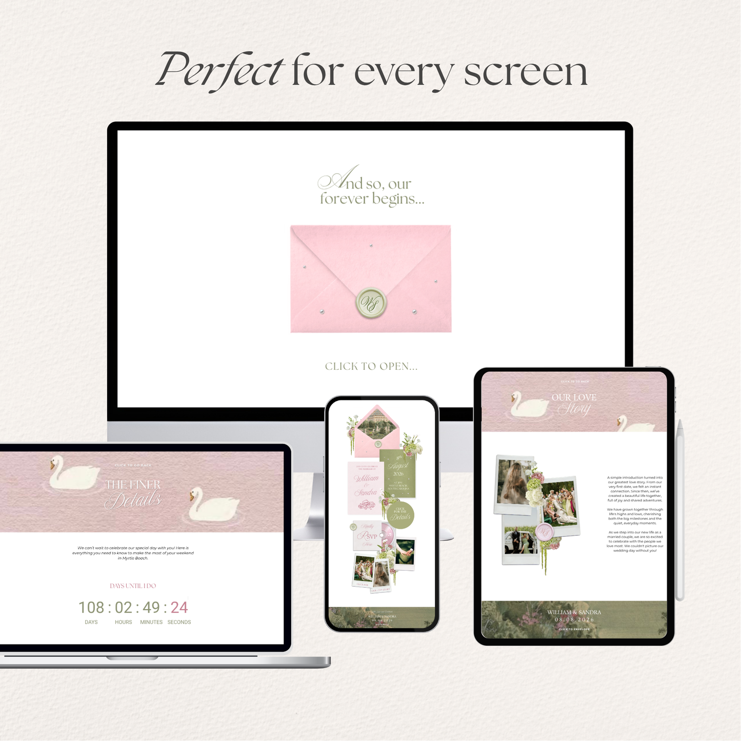 Pink & Green Floral Wedding Website Template with RSVP, Music and Countdown Timer: Editable Canva Design (Digital Download)