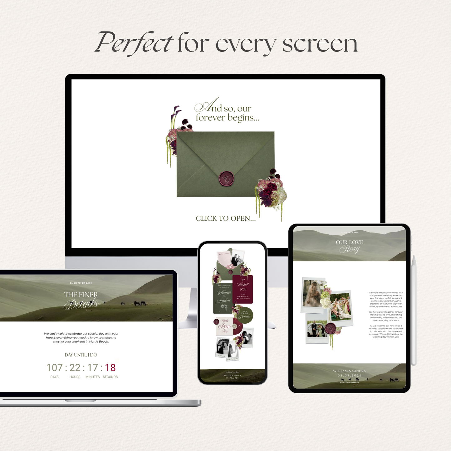 Olive Green & Burgundy Floral Wedding Website Template with RSVP, Countdown and Music: Editable Canva Design (Digital Download)