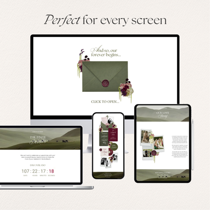 Olive Green & Burgundy Floral Wedding Website Template with RSVP, Countdown and Music: Editable Canva Design (Digital Download)