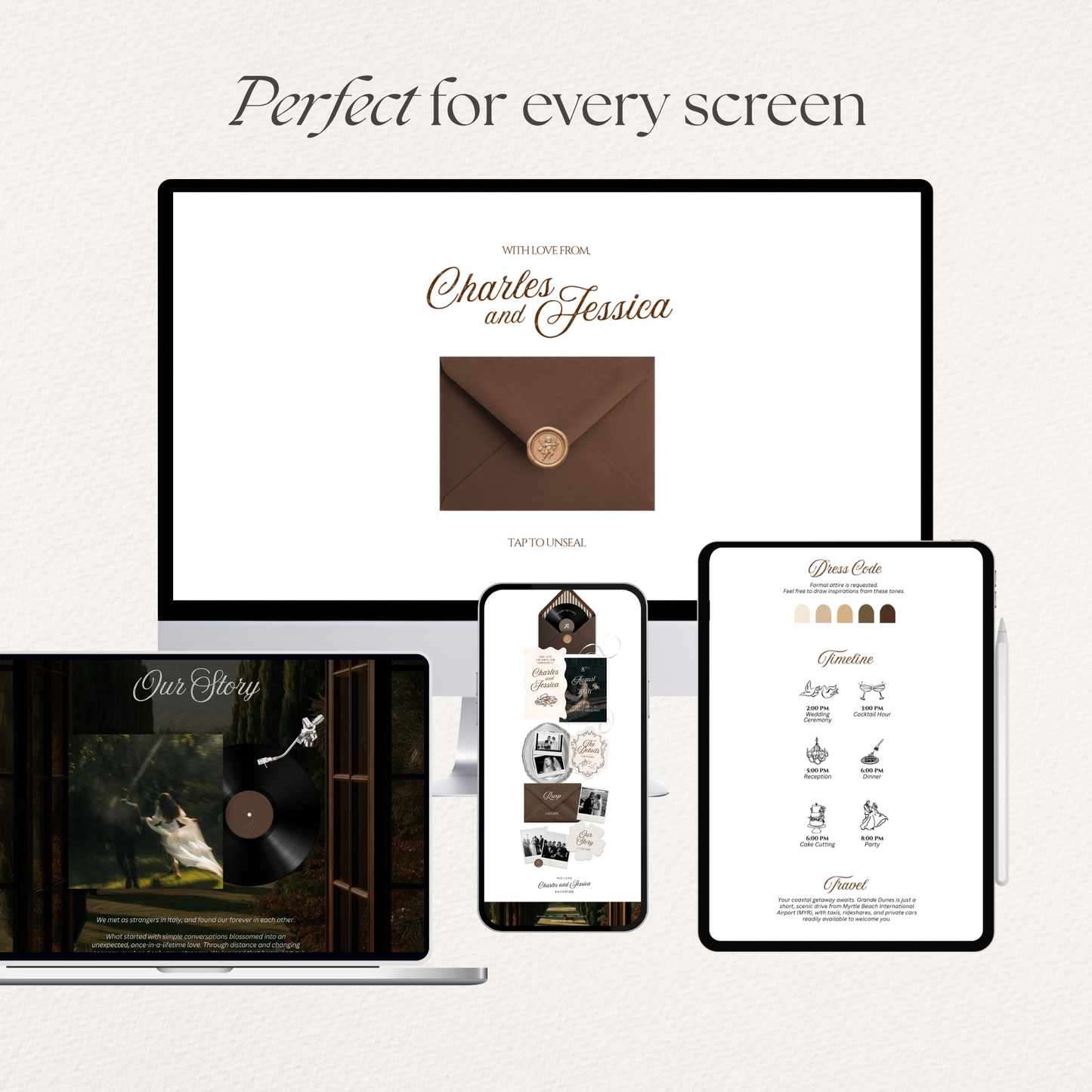 Espresso Brown & Ivory Wedding Website Template with RSVP, Music and Coundown Timer: Editable Canva Design (Digital Download)