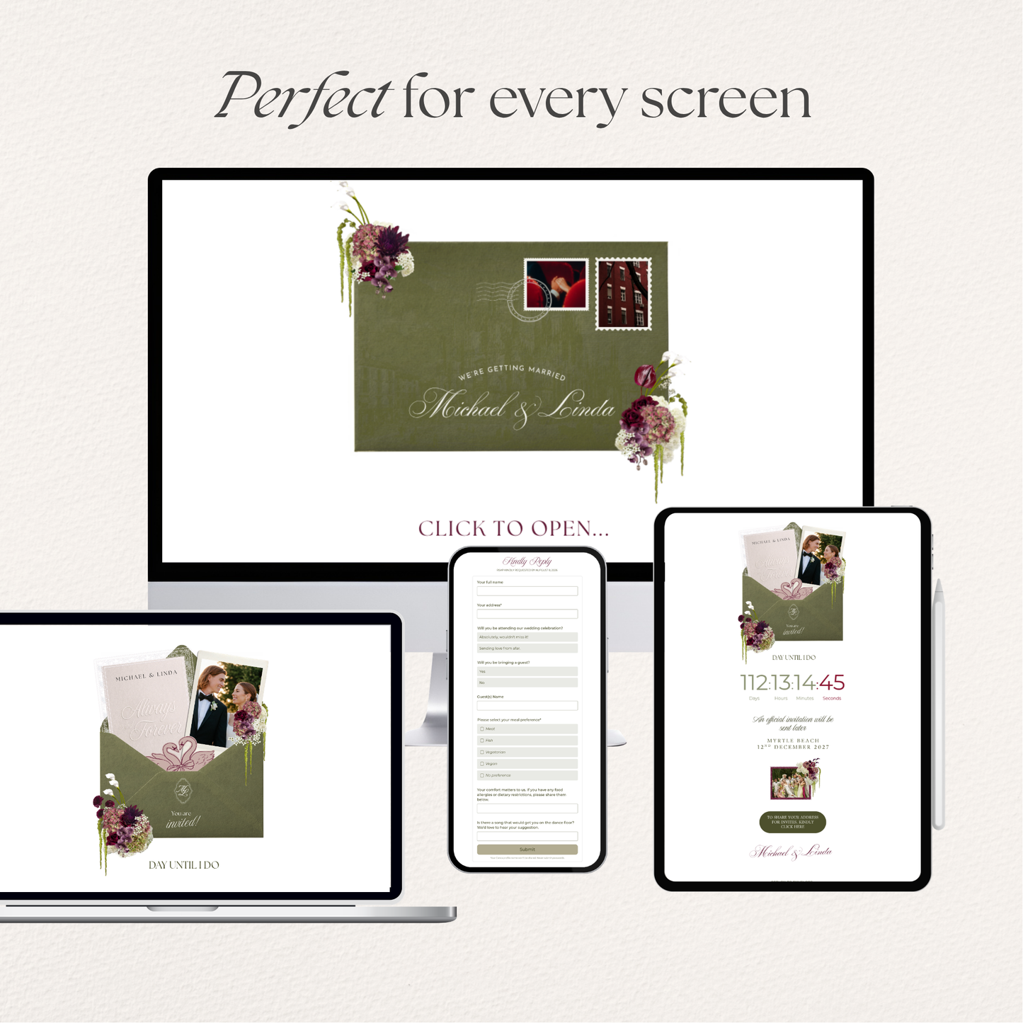 Olive Green & Burgundy Save the Date Website with RSVP, Countdown Timer: DIY Canva Template (Digital Download)