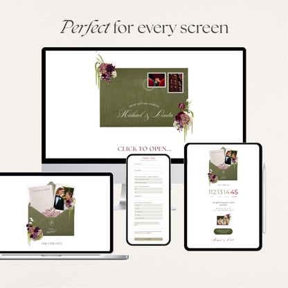 Olive Green & Burgundy Save the Date Website with RSVP, Countdown Timer: DIY Canva Template (Digital Download)