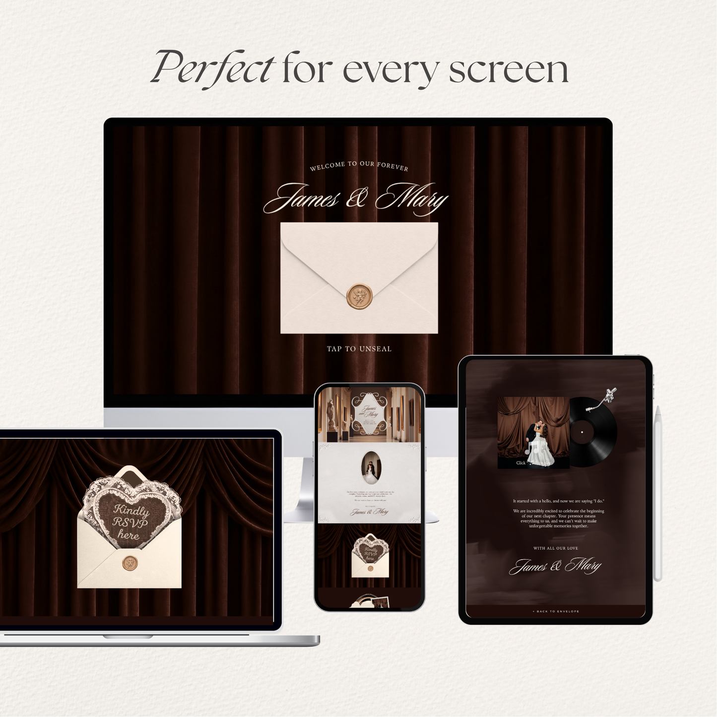 Old Money Wedding Website Template with RSVP, Music and Countdown Timer: Classic Brown Digital Invitation