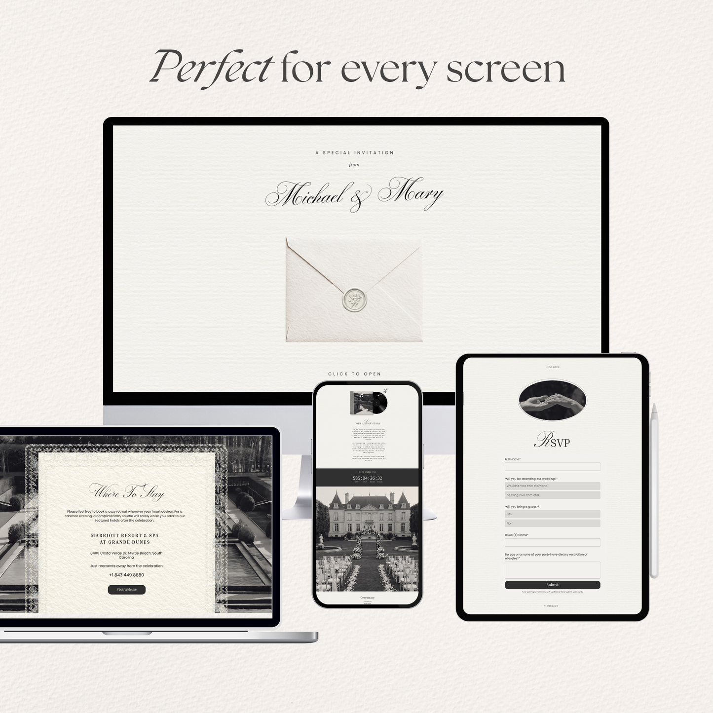 Ivory & Black Minimal Wedding Website Template with RSVP, Countdown and Music: DIY Canva Template (Digital Download)