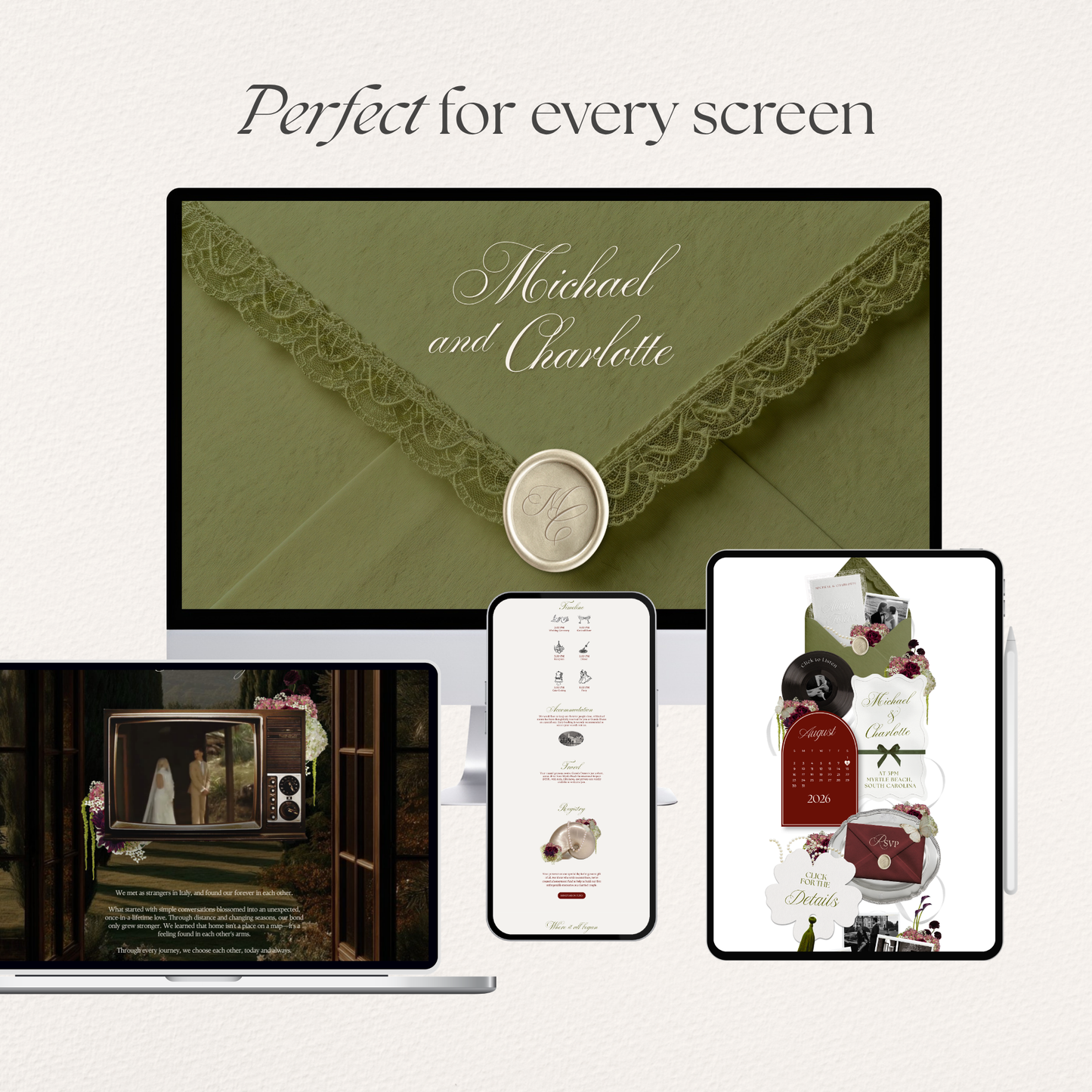 Olive Green Wedding Website Template Canva | Digital Wedding Invitation with RSVP, Music and Countdown Timer | Instant Download