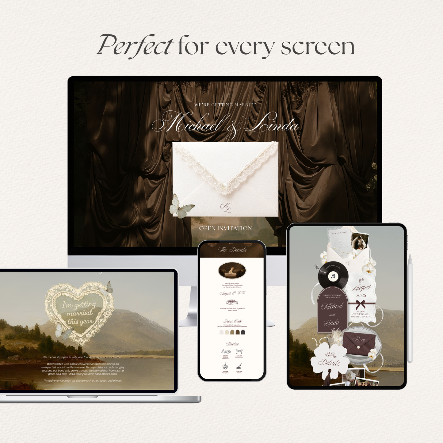 Brown & Ivory Floral Wedding Website Template with RSVP, Countdown and Music: Classic Envelope Digital Invitation