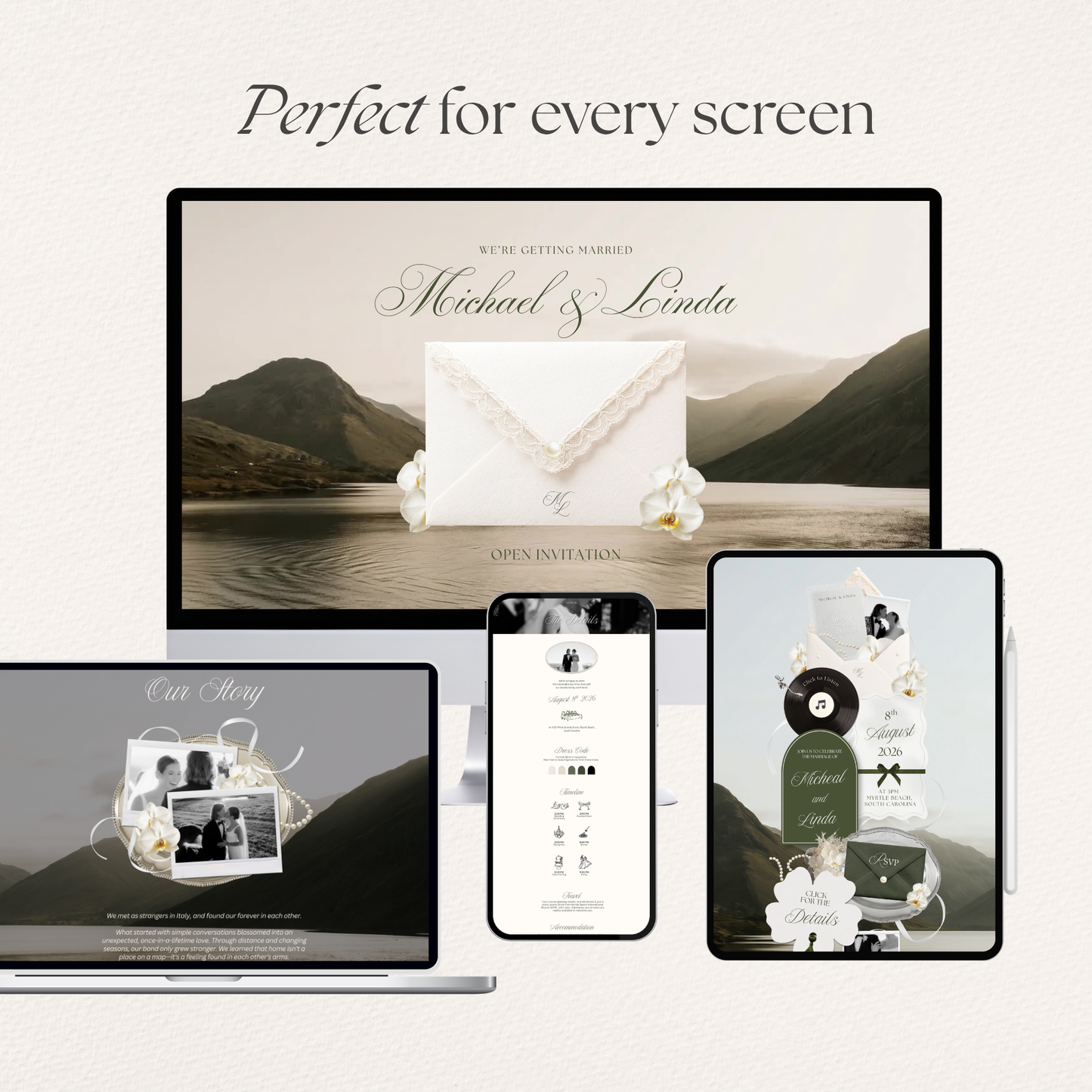 Olive Green Floral Wedding Website Template with RSVP, Music and Countdown Timer: DIY Canva Template (Digital Download)
