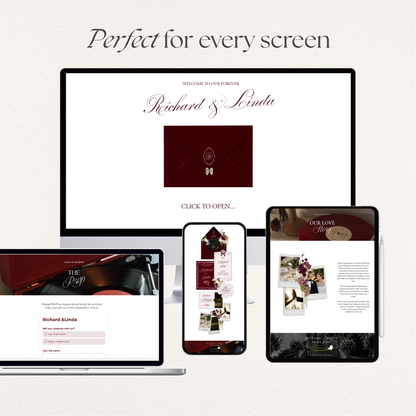 Burgundy Floral Wedding Website Template with RSVP, Music and Countdown Timer: Editable Canva Design (Digital Download)