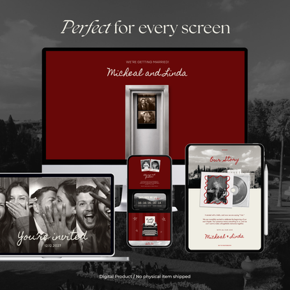 Burgundy Photo Booth Wedding Website Template with RSVP,Music and Countdown Timer: Modern Digital Wedding Invitation | Instant Download