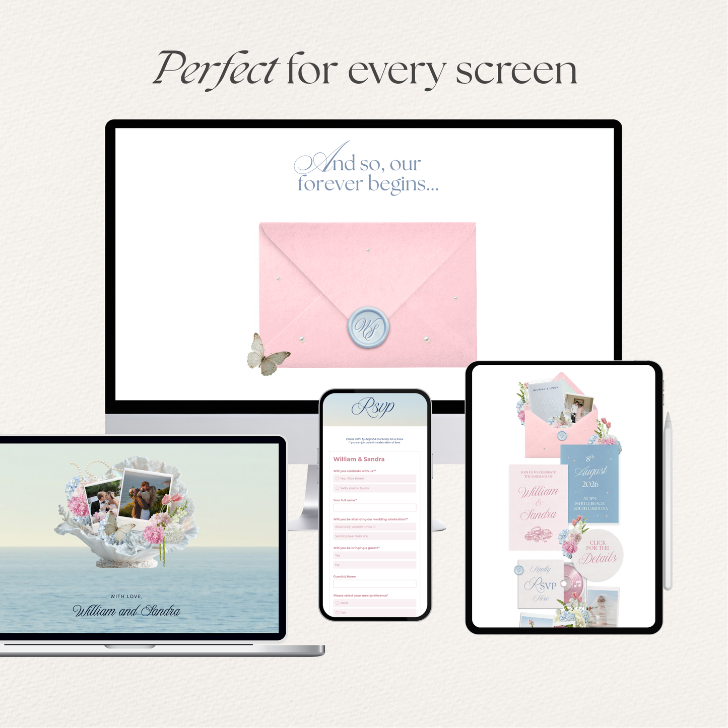 Blush Pink & Blue Floral Wedding Website Template with RSVP, Countdown and Music: Editable Canva Design (Digital Download)