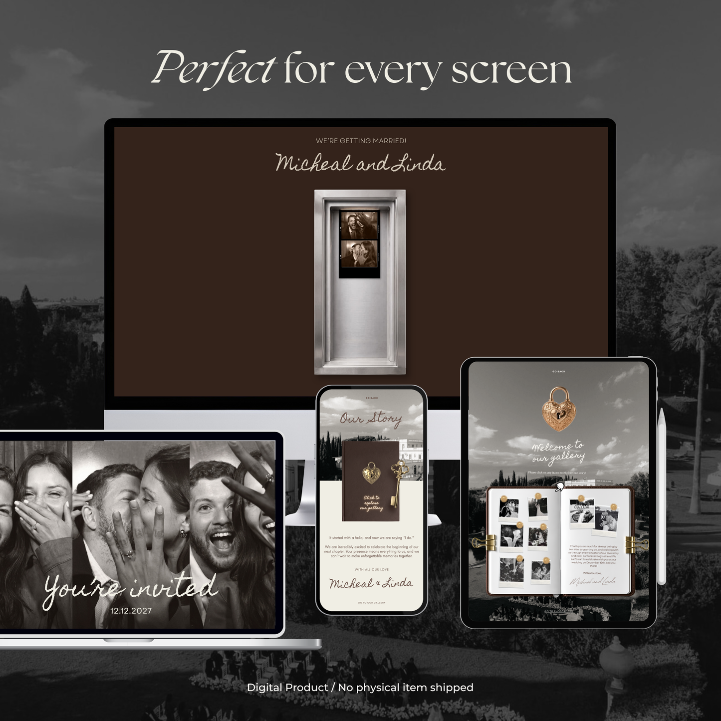 Brown Photo Booth Wedding Website Template with RSVP,Music and Countdown Timer: Modern Digital Wedding Invitation | Instant Download