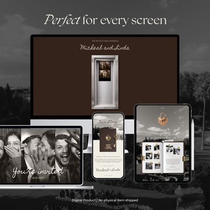 Brown Photo Booth Wedding Website Template with RSVP,Music and Countdown Timer: Modern Digital Wedding Invitation | Instant Download