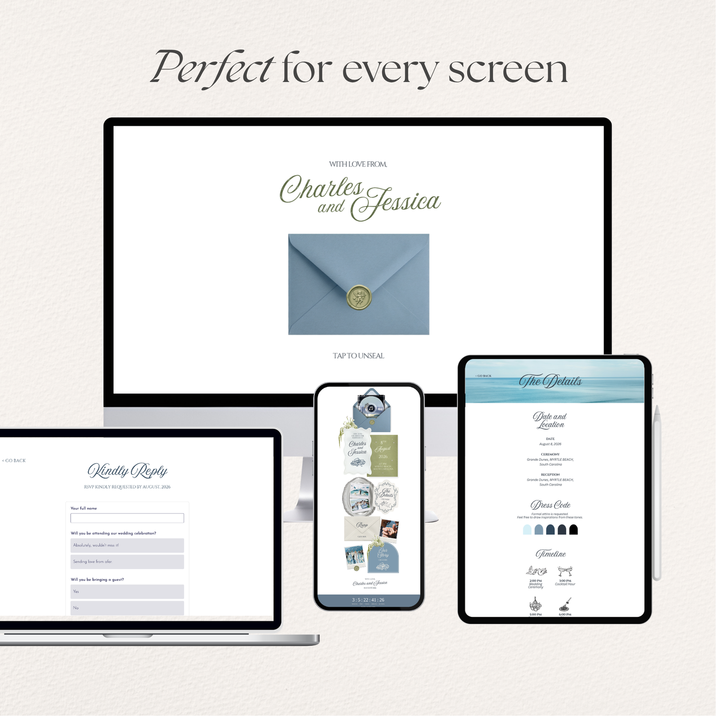 Dusty Blue Wedding Website Template with RSVP, Music and Countdown Timer: Elegant Editable Old Money Canva Site | Invitation Classic Wedding