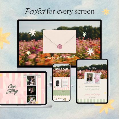 Colorful Floral Wedding Website Template with RSVP, Music and Countdown Timer: DIY Canva Template (Digital Download)