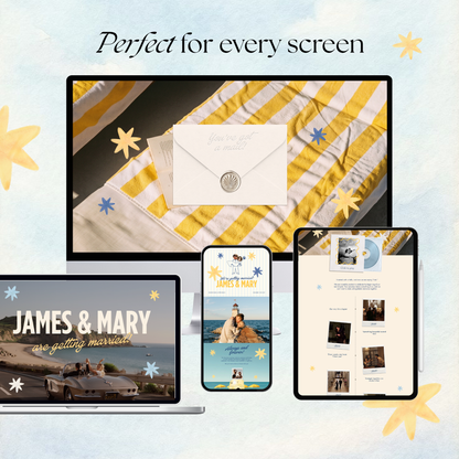 Blue & Yellow Retro Wedding Website Template | Digital Wedding Invitation with RSVP, Music and Coundown Timer | Instant Download