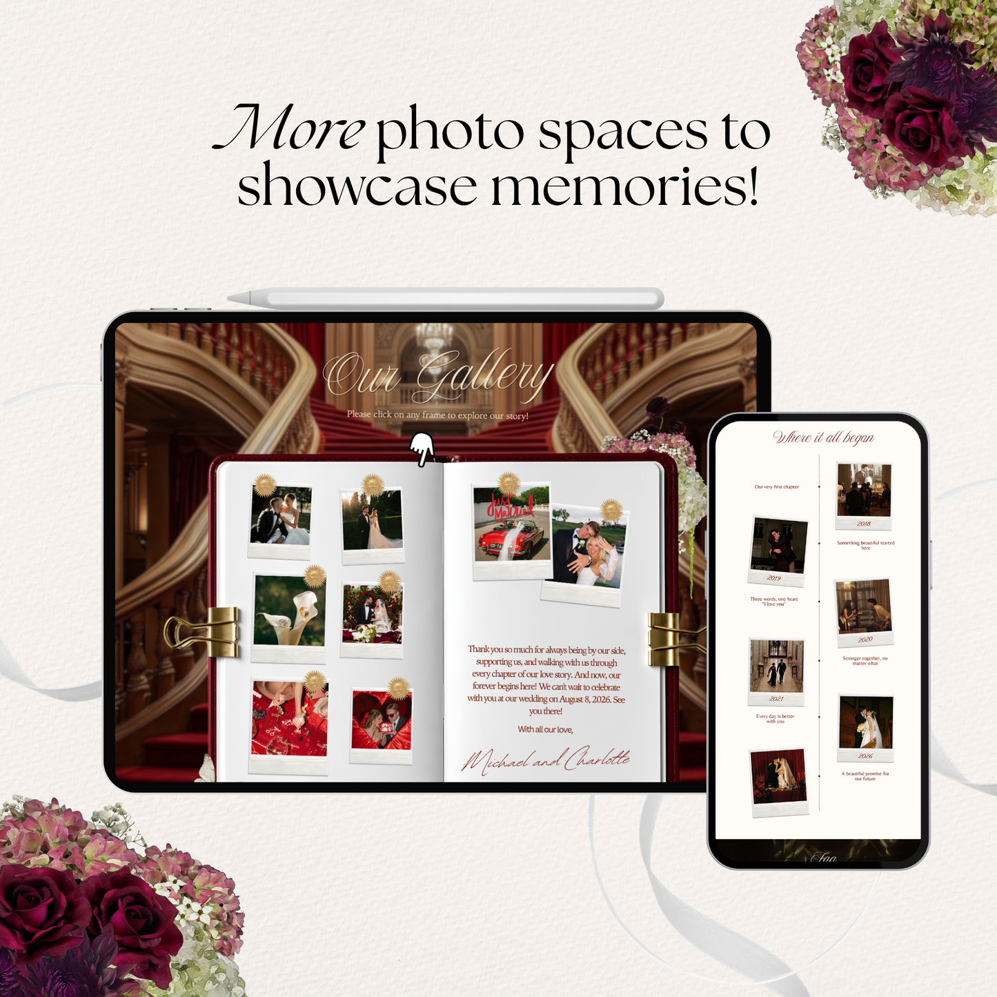 Burgundy Wedding Website Template | Digital Wedding Invitation with RSVP, Music and Countdown Timer | Instant Download