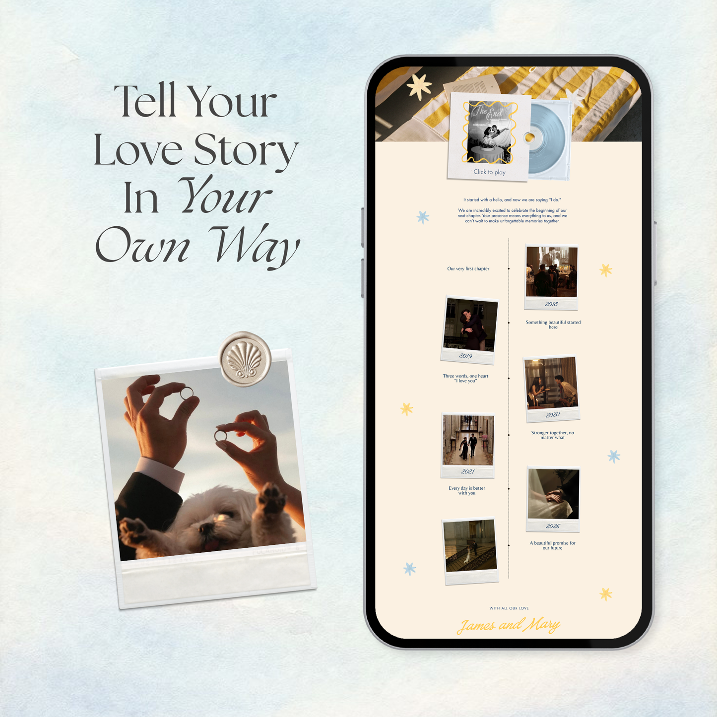 Blue & Yellow Retro Wedding Website Template | Digital Wedding Invitation with RSVP, Music and Coundown Timer | Instant Download