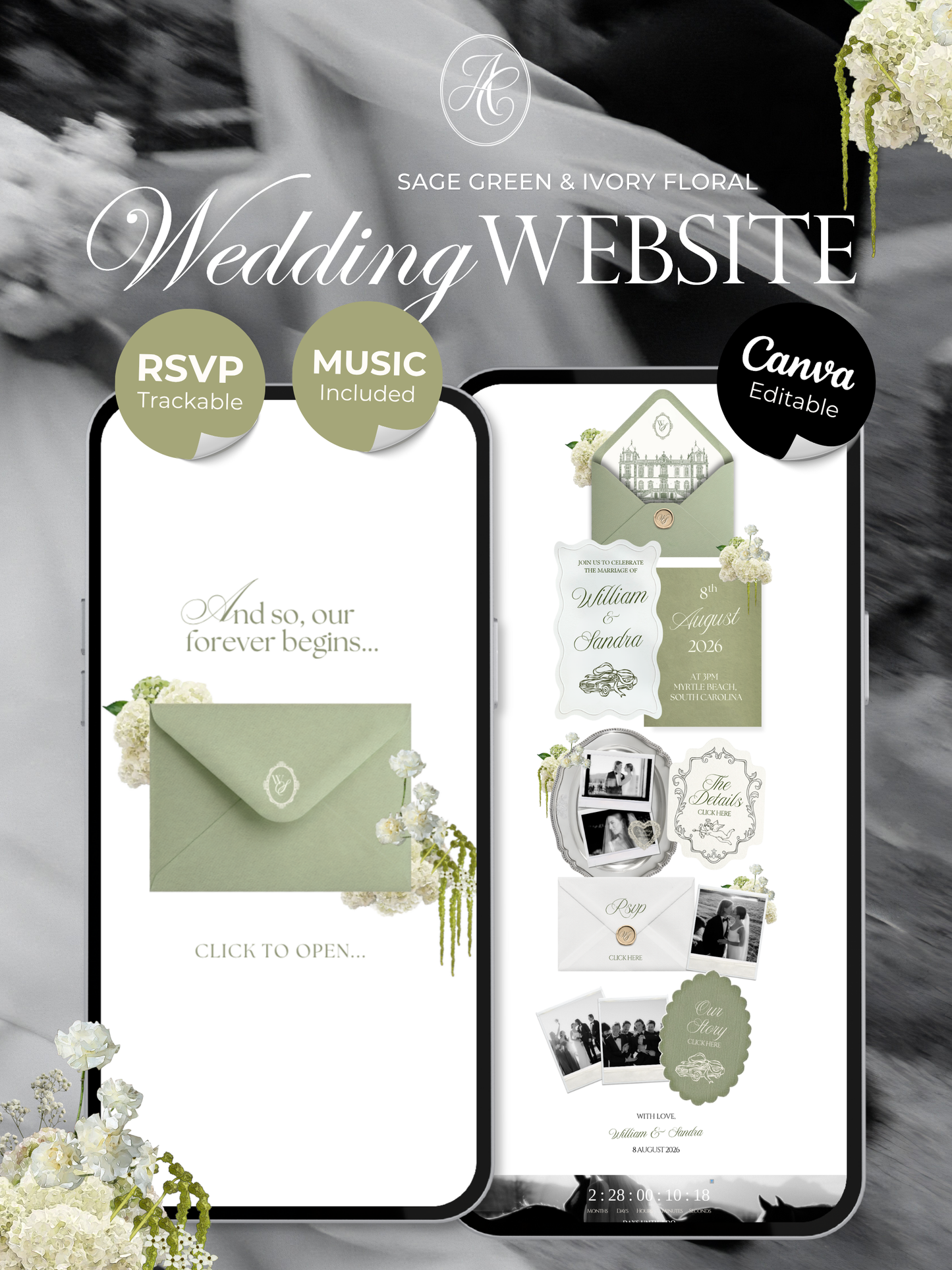 Sage Green & Ivory Floral Wedding Website Template with RSVP, Music and Countdown Timer: Editable Canva Design (Digital Download)