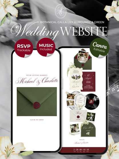 Olive Green & Burgundy Floral Wedding Website Template with RSVP, Music and Countdown Timer: Editable Canva Design (Digital Download)