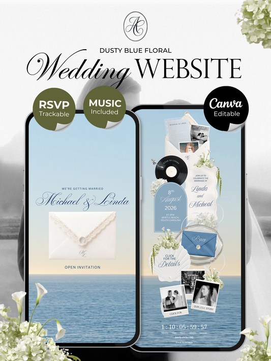 Dusty Blue Floral Wedding Website Template | Digital Wedding Invitation with RSVP, Music and Countdown Timer | Instant Download