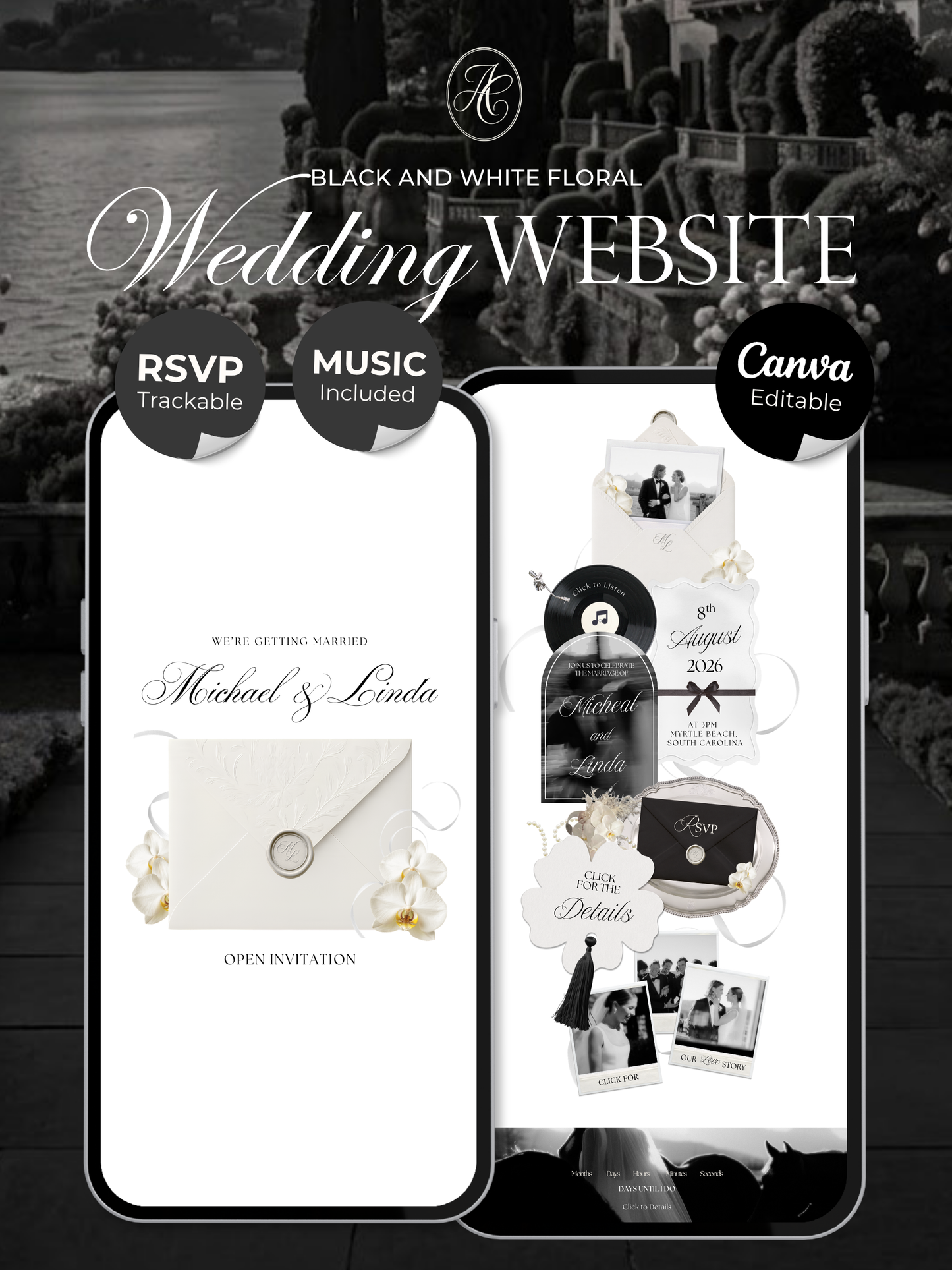 White & Black Floral Wedding Website Template with RSVP, Music and Countdown Timer | Wedding invites (Digital Download)