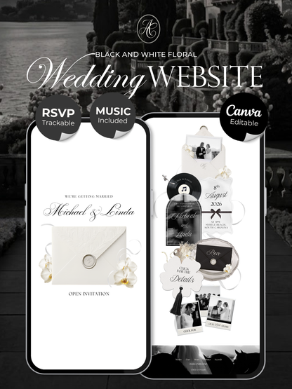White & Black Floral Wedding Website Template with RSVP, Music and Countdown Timer | Wedding invites (Digital Download)