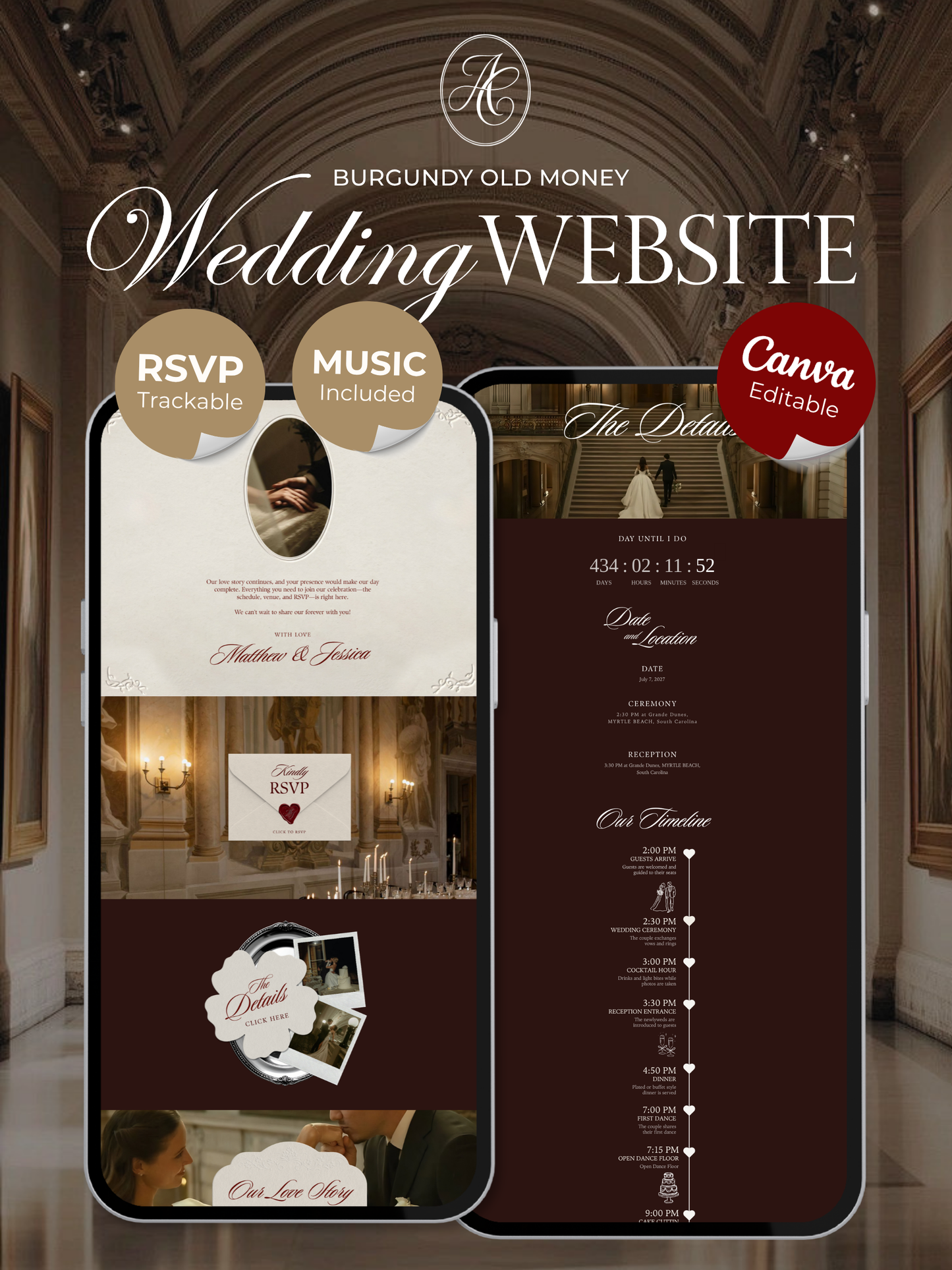 Old Money Wedding Website Template with RSVP, Music and Countdown Timer: Classic Burgundy Digital Invitation