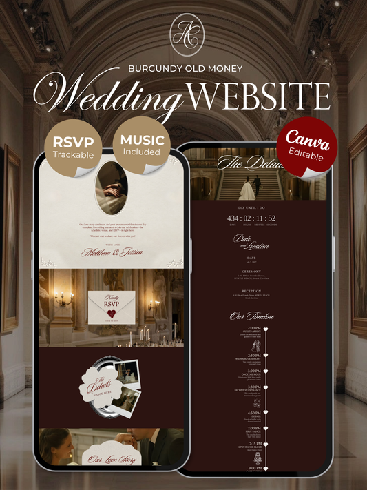 Old Money Wedding Website Template with RSVP, Music and Countdown Timer: Classic Burgundy Digital Invitation