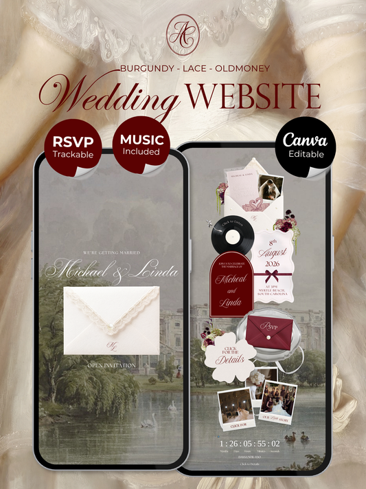 Burgundy Vintage Floral Wedding Website Template with RSVP, Music and Countdown Timer: Ivory Wedding invitations (Digital Download)