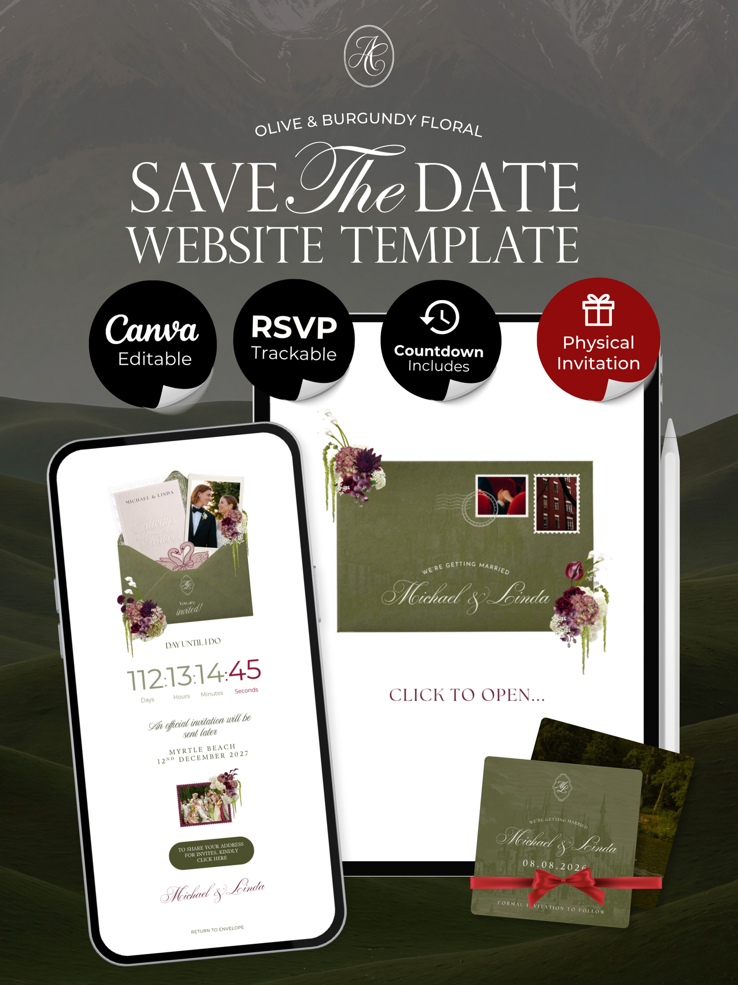 Olive Green & Burgundy Save the Date Website with RSVP, Countdown Timer: DIY Canva Template (Digital Download)