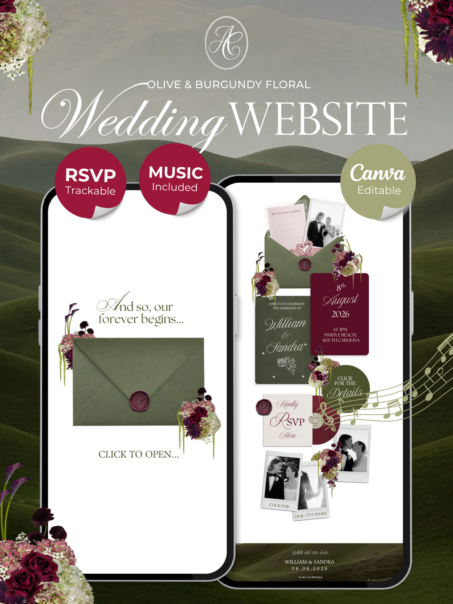 Olive Green & Burgundy Floral Wedding Website Template with RSVP, Countdown and Music: Editable Canva Design (Digital Download)