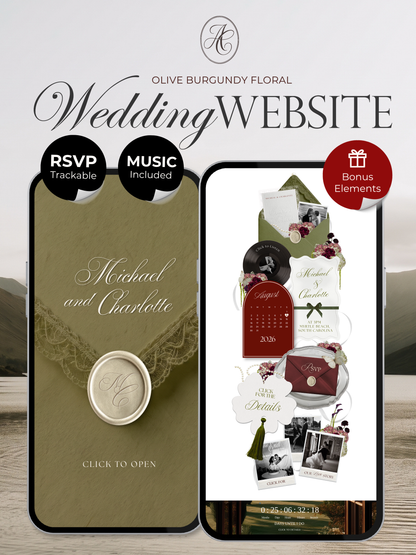 Olive Green Wedding Website Template Canva | Digital Wedding Invitation with RSVP, Music and Countdown Timer | Instant Download