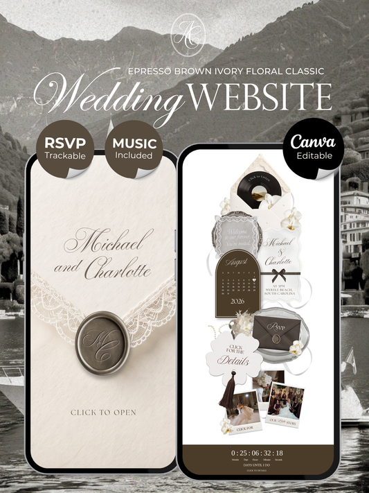 Old Money Wedding Website Template | Vintage Digital Wedding Invitation with RSVP, Music and Coundown Timer | Instant Download