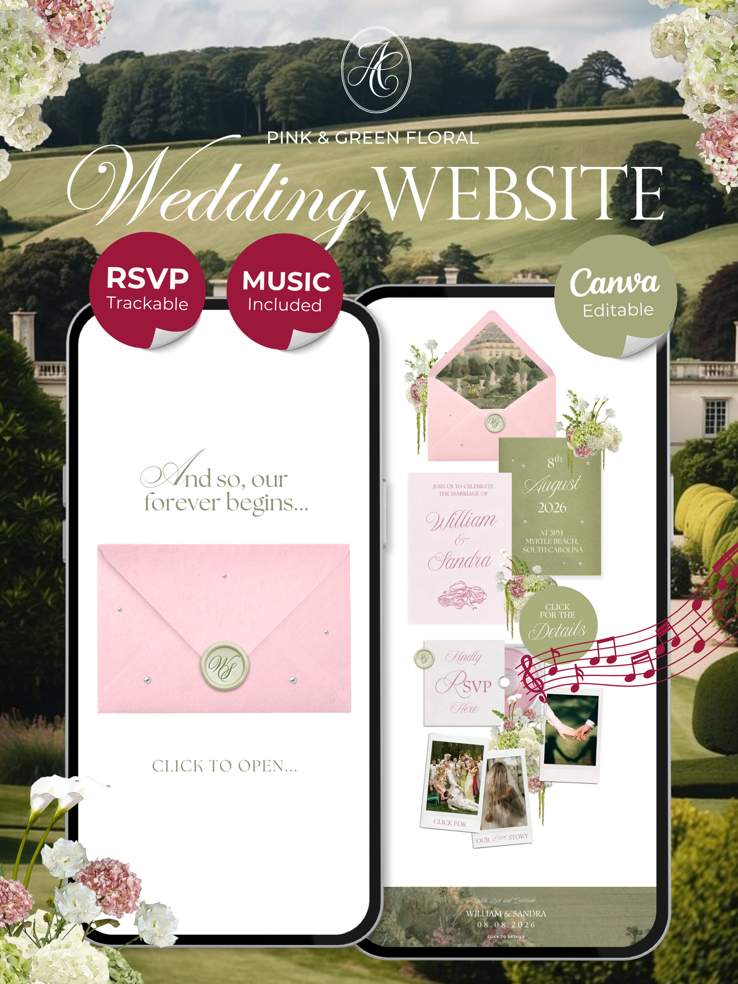 Pink & Green Floral Wedding Website Template with RSVP, Music and Countdown Timer: Editable Canva Design (Digital Download)