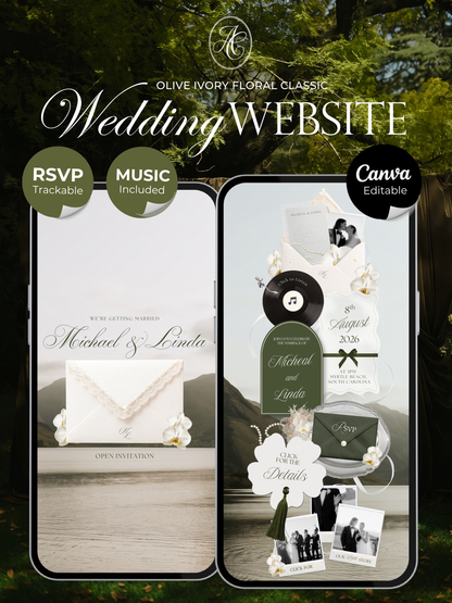 Olive Green Floral Wedding Website Template with RSVP, Music and Countdown Timer: DIY Canva Template (Digital Download)