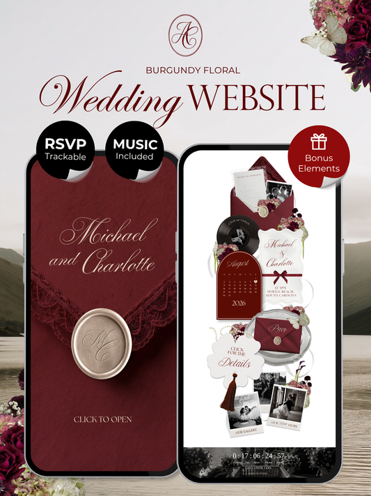 Burgundy Wedding Website Template | Digital Wedding Invitation with RSVP, Music and Countdown Timer | Instant Download
