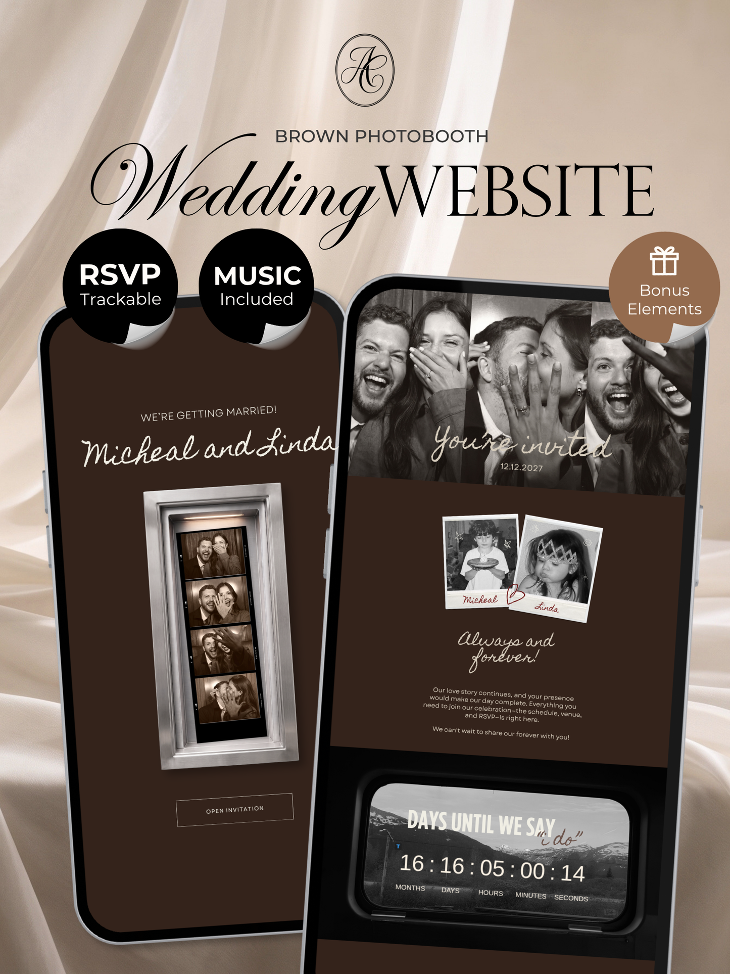 Brown Photo Booth Wedding Website Template with RSVP,Music and Countdown Timer: Modern Digital Wedding Invitation | Instant Download