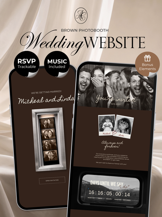 Brown Photo Booth Wedding Website Template with RSVP,Music and Countdown Timer: Modern Digital Wedding Invitation | Instant Download