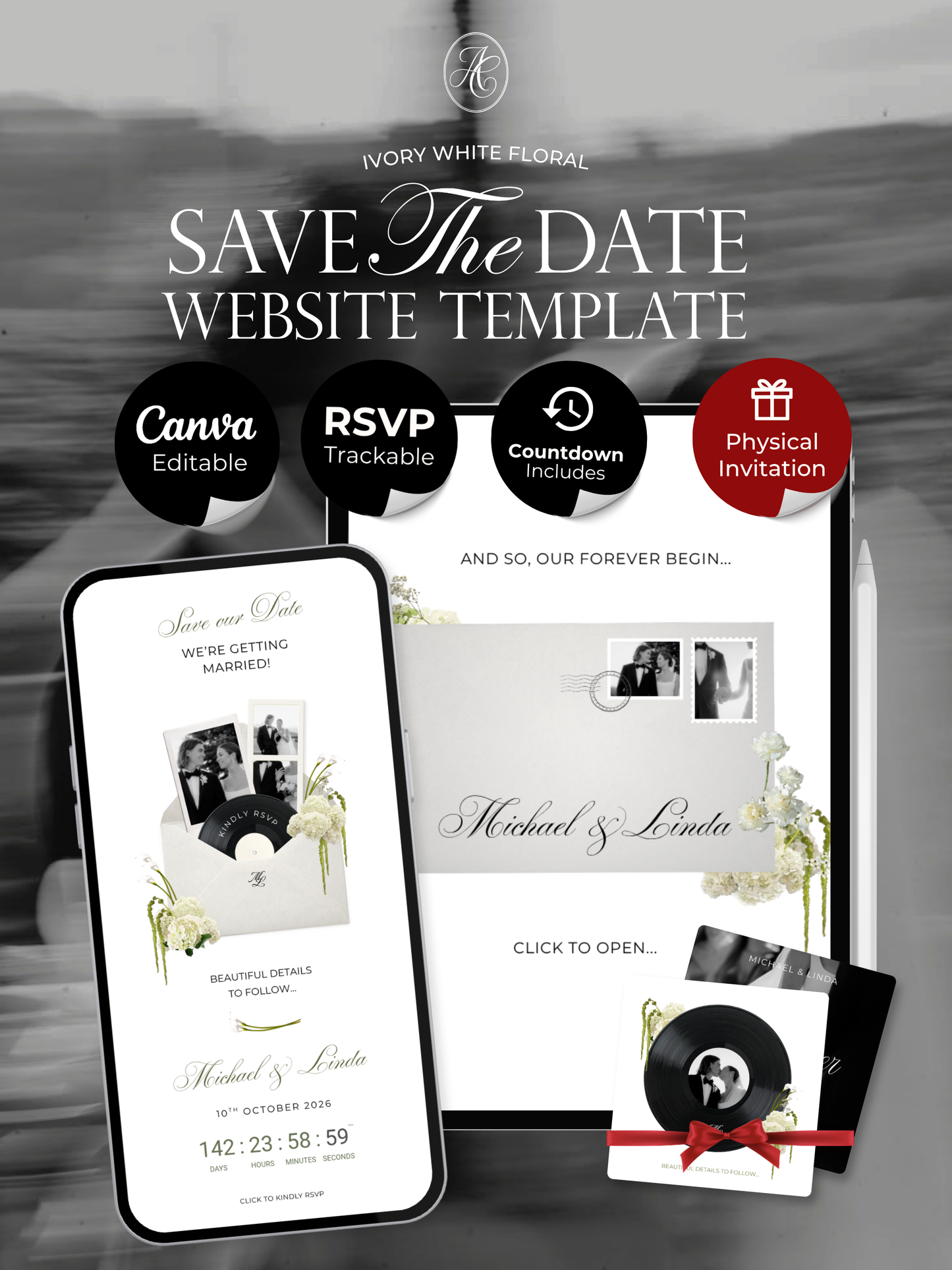 Ivory & Green Floral Save the Date Website with RSVP, Countdown Timer: Canva Digital Invitation Template (Digital Download)