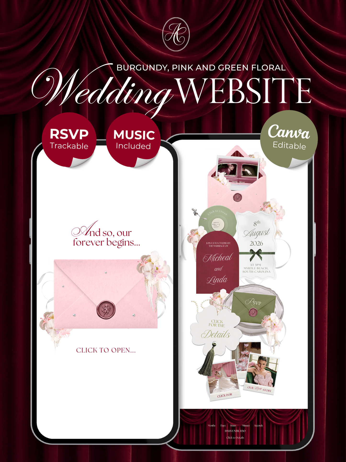Burgundy, Green & Pink Floral Wedding Website Template with RSVP, Music and Countdown Timer: Editable Canva Design (Digital Download)