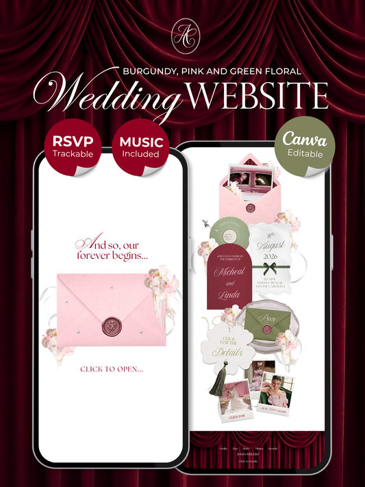 Burgundy, Green & Pink Floral Wedding Website Template with RSVP, Music and Countdown Timer: Editable Canva Design (Digital Download)
