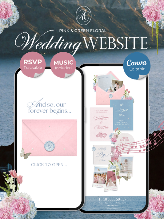 Blush Pink & Blue Floral Wedding Website Template with RSVP, Countdown and Music: Editable Canva Design (Digital Download)