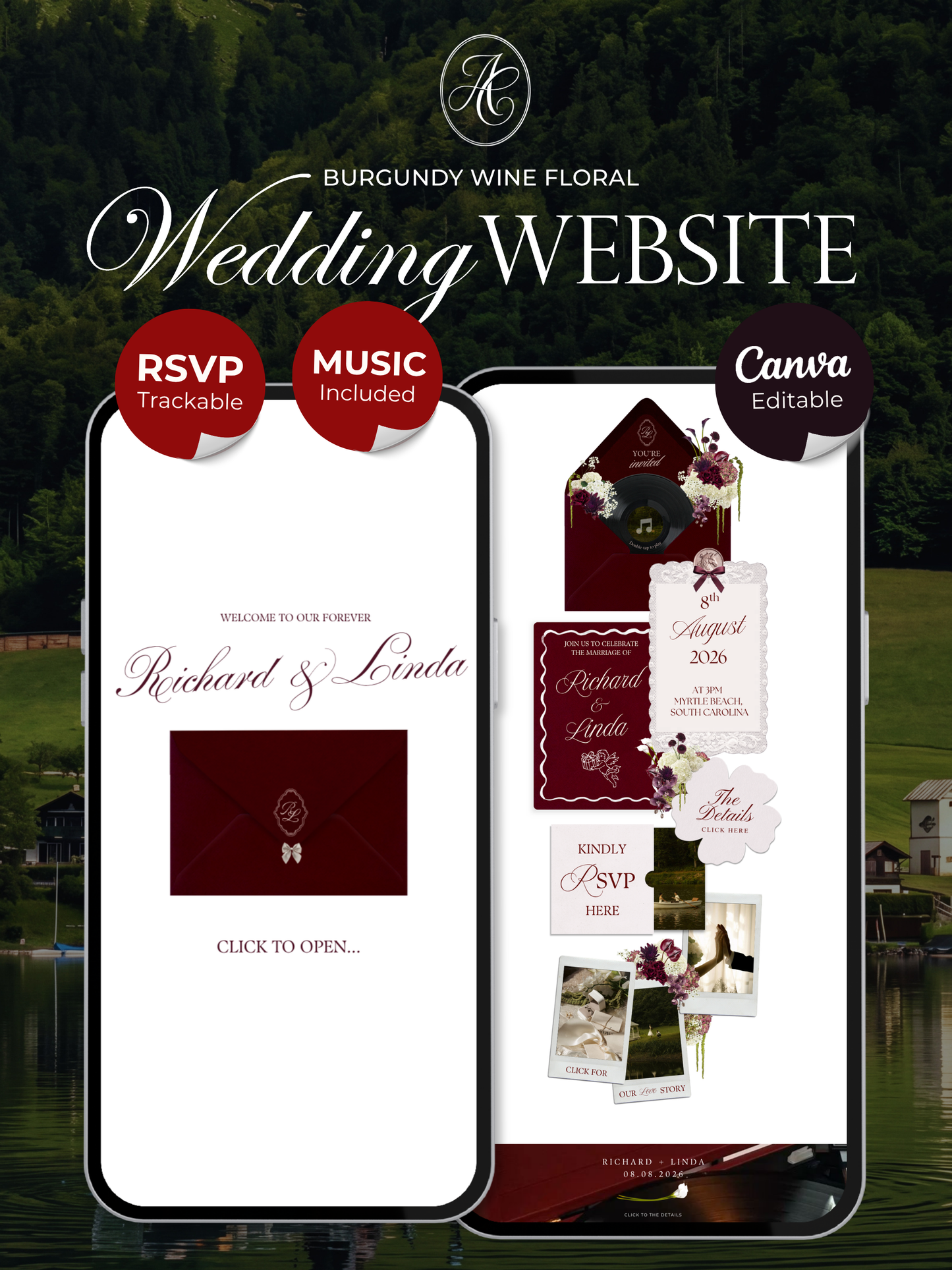 Burgundy Floral Wedding Website Template with RSVP, Music and Countdown Timer: Editable Canva Design (Digital Download)