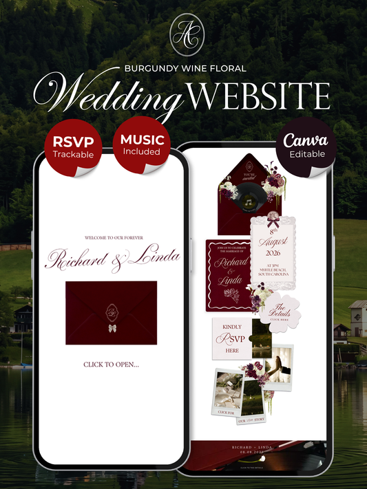 Burgundy Floral Wedding Website Template with RSVP, Music and Countdown Timer: Editable Canva Design (Digital Download)