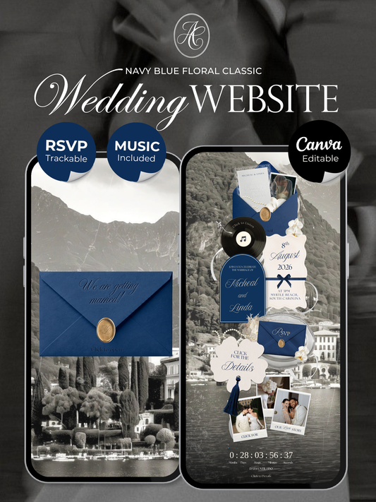 Navy & Dusty Blue Wedding Website Template with RSVP, Music and Countdown Timer: Editable Canva Design (Digital Download)