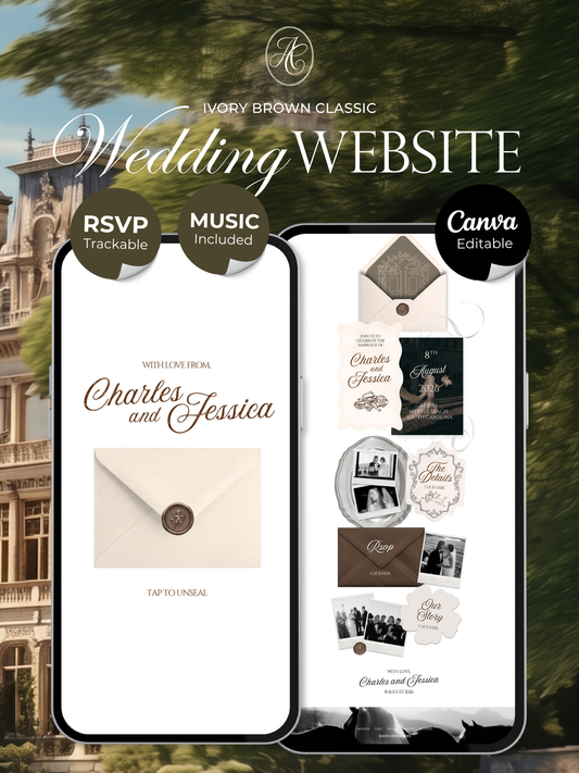 Brown & Ivory Wedding Website Template with RSVP, Music and Countdown Timer: Classic Floral Envelope Digital Invitation
