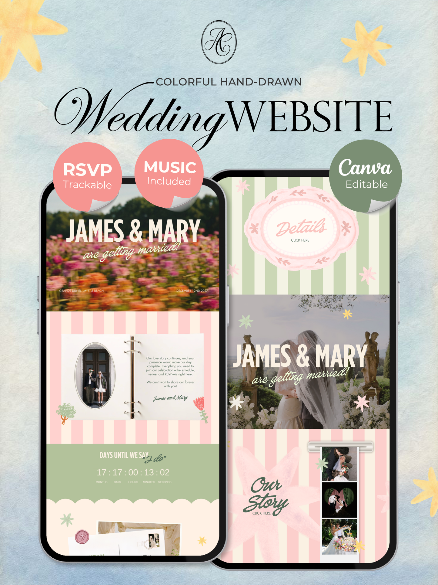 Colorful Floral Wedding Website Template with RSVP, Music and Countdown Timer: DIY Canva Template (Digital Download)