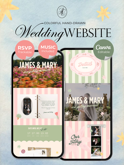 Colorful Floral Wedding Website Template with RSVP, Music and Countdown Timer: DIY Canva Template (Digital Download)