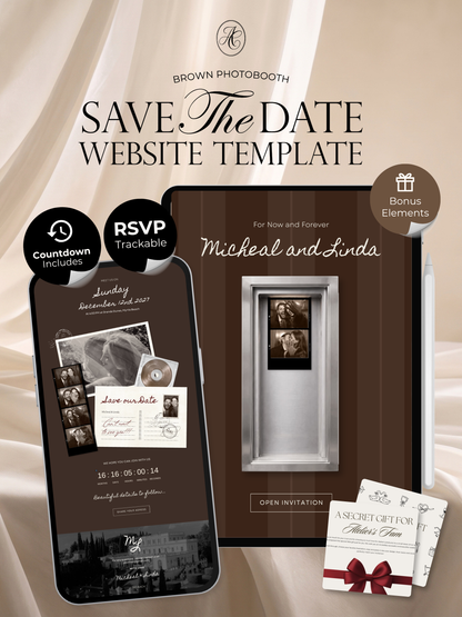 Brown Photo Booth Save the Date with RSVP, Editable Canva Wedding Website, Digital Invitation | Instant Download
